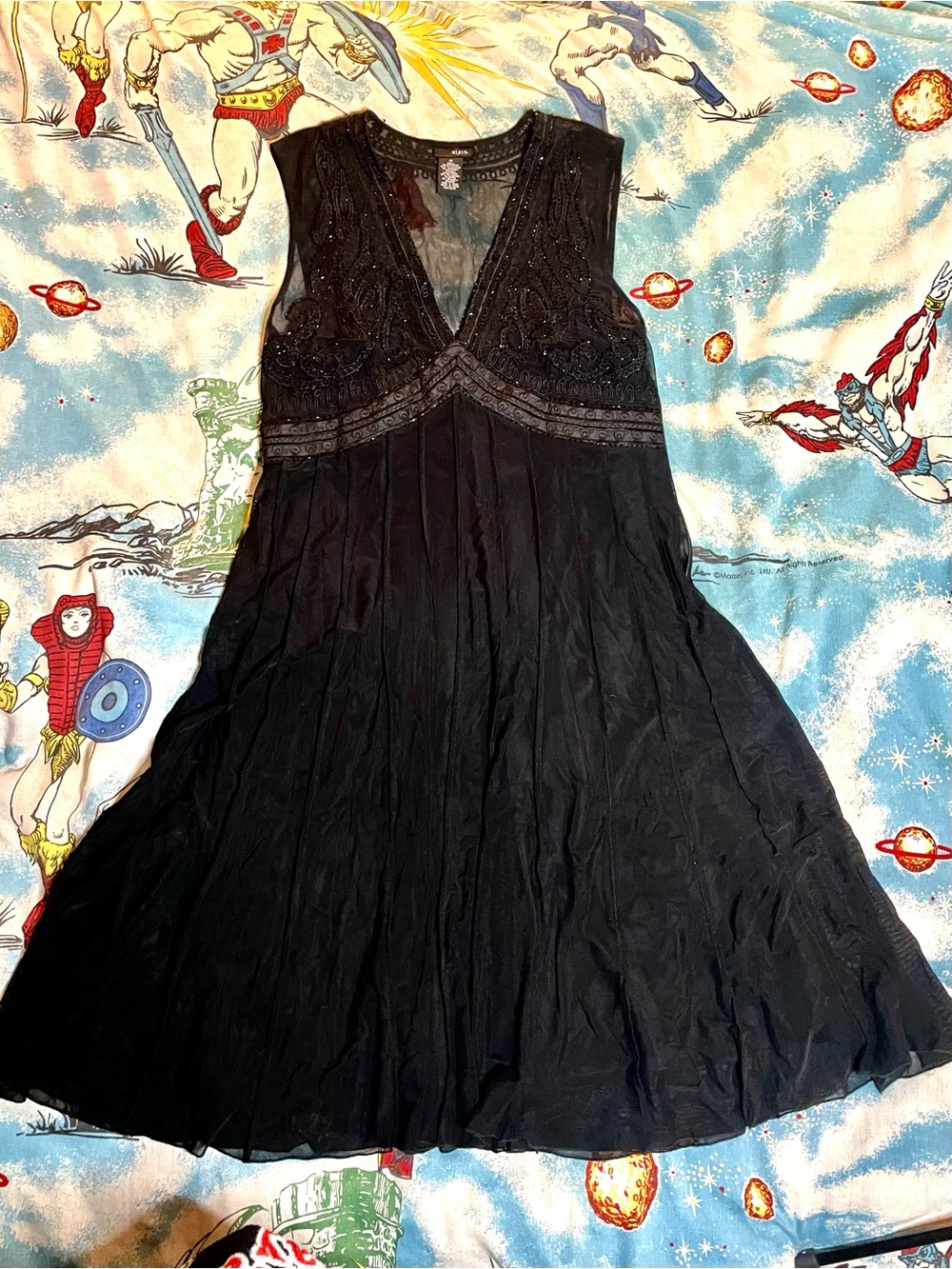 Vintage Goth Cottage Fairycore Black Beaded V-Neck Sleeveless Pleated Dress s14